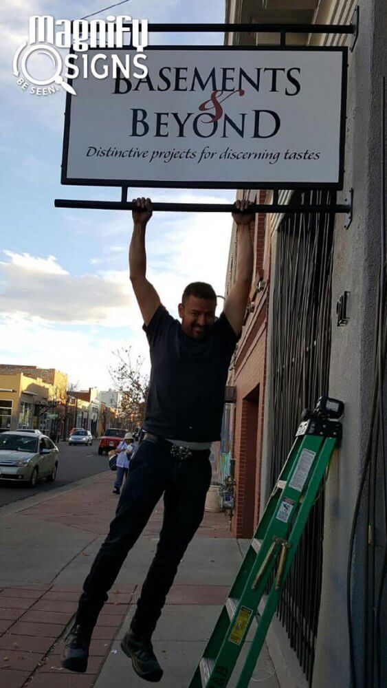 MagnifySigns's tweet image. "Our signs are so strong, you could probably do a few pull ups on them! Custom, strong-framed bracket sign done for 
@basementsandbeyond. #Custom #StrongFrame #Bracket #Sign"