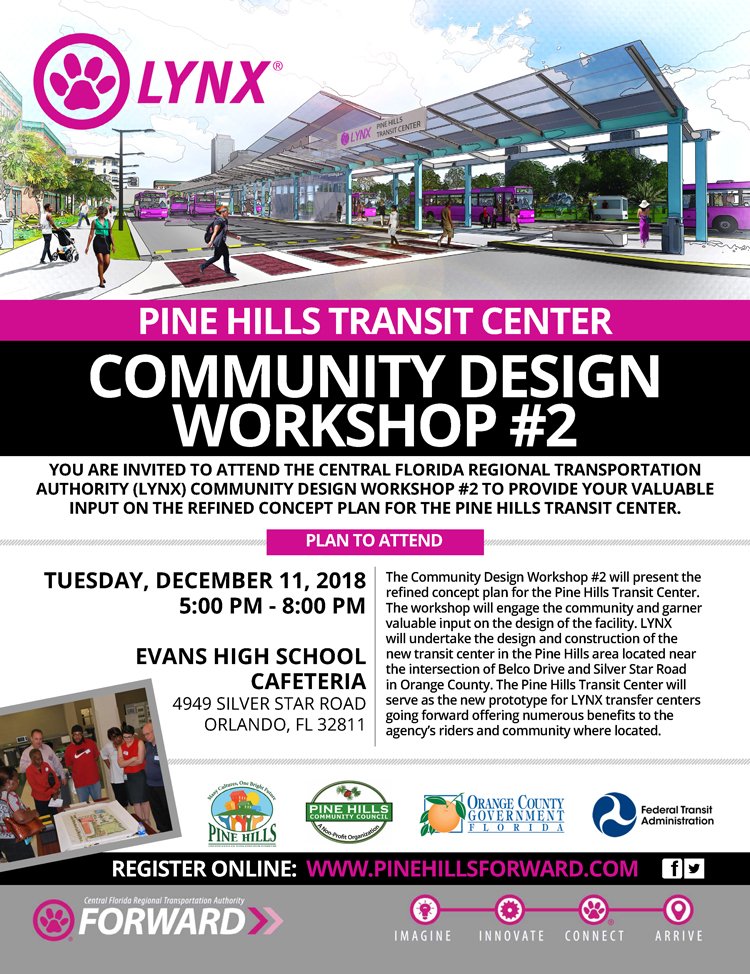 PHTransitCenter's tweet photo. HAPPENING TODAY! Plan to attend! Central Florida Regional Transportation Authority (LYNX) invites you to attend a Community Design Workshop #2 to provide input on Pine Hills Transit Center programming and layout. #LYNXFORWARD
https://t.co/lHA2WHKGgM https://t.co/alIvyn9vdD