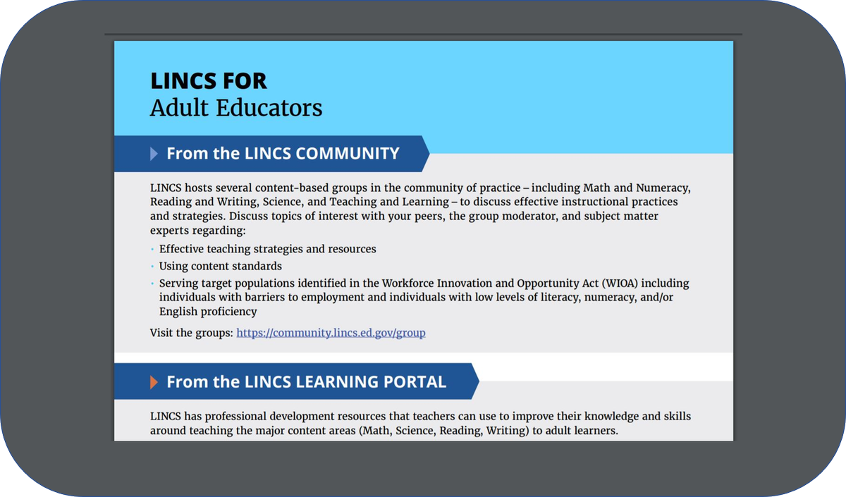 LINCS_ED's tweet photo. ATTN #AdultEdu #Instructors: There are so many resources on LINCS that we created a guide to help you get just what you’re looking for—new resources, community discussions, tools for more effective practices, and more!  https://t.co/DY3c73pVHu https://t.co/j1JifTRKyx