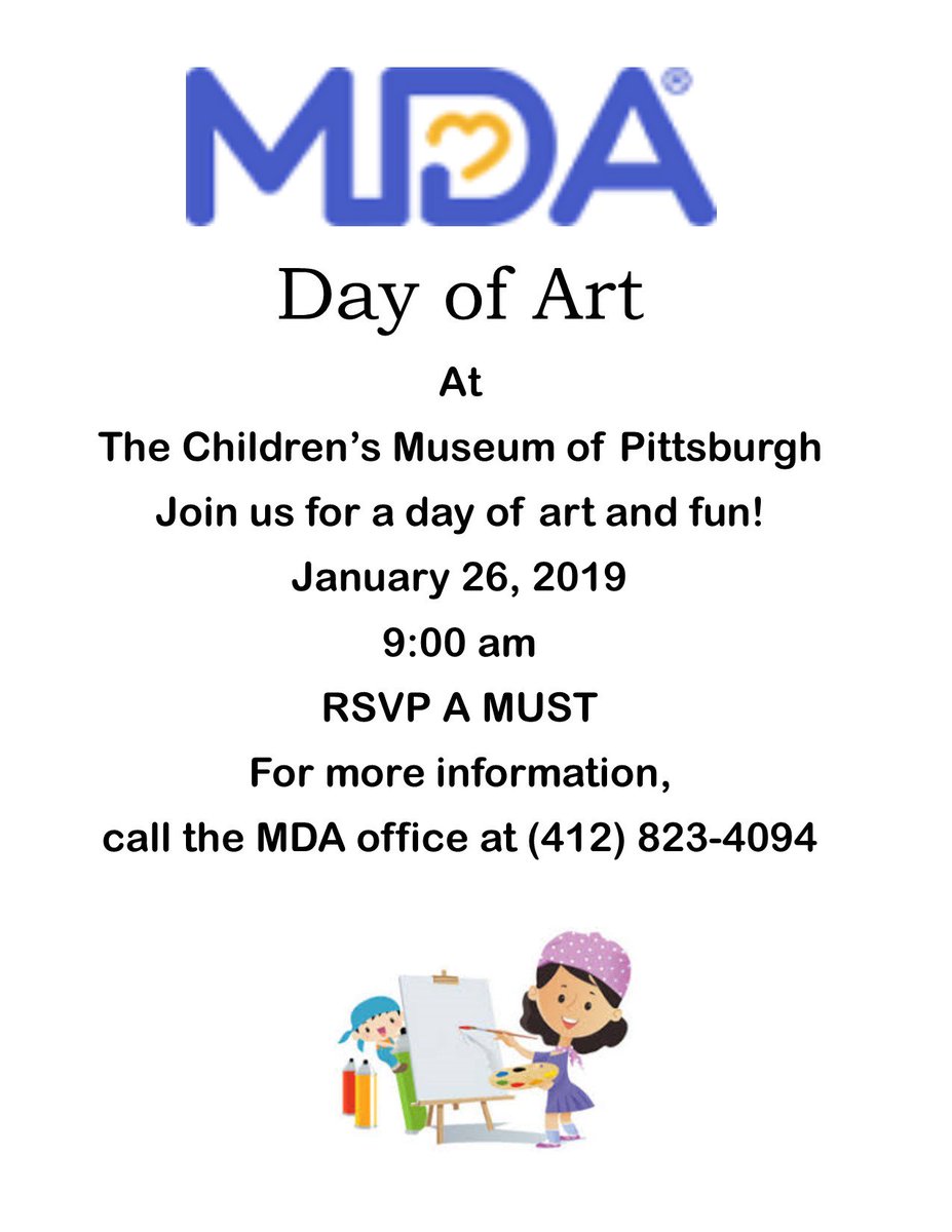 MDAPittsburgh's tweet photo. Looking for a fun winter activity for your kiddos? We are having a Day of Art at The Children's Museum of Pittsburgh on January 26th!  If you're interested in hearing more or want to RSVP please call our office! 412-823-3094 (or 4094). 💙🎨 https://t.co/VGn7DHHUgq