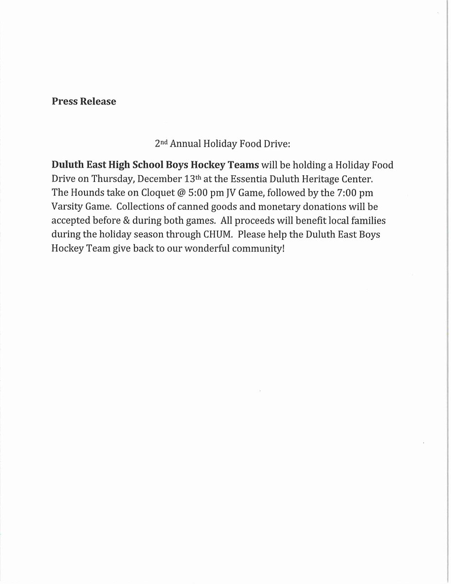 EssentiaDHC's tweet photo. Support the @Houndsupdates Duluth East hockey teams and others in the community by attending Thursday's games and donating items to the food shelf! Games at 5pm & 7pm. #fooddrive #houndshockey #edhc #community #boyshockey #seasonofgiving https://t.co/XO8ZZ2QSju