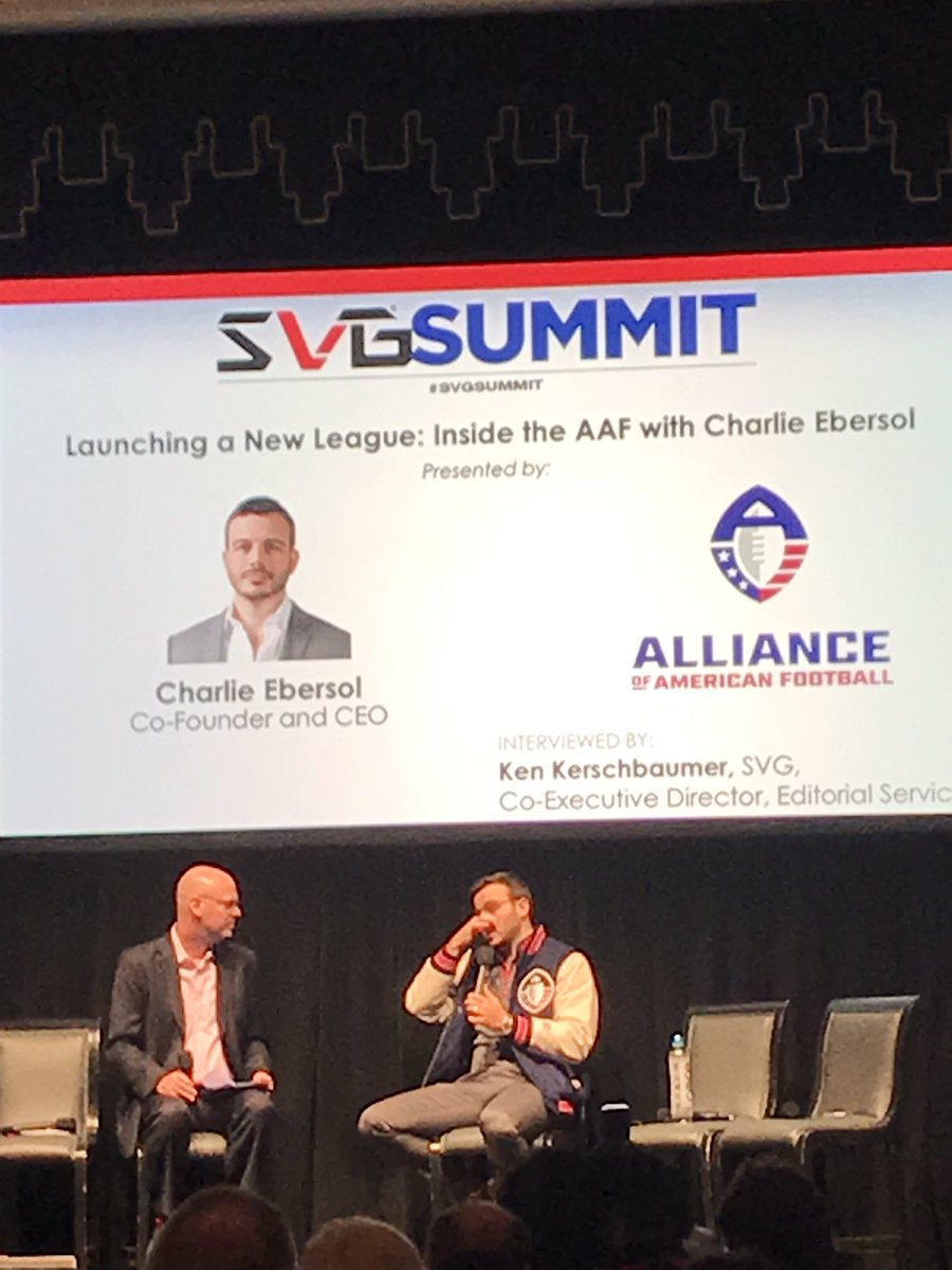 brianjacobs's tweet image. Interesting discussion on @TheAAF with @CharlieEbersol talking football, technology and what’s to come with the new league #SVGSummit #cooljacket #aafoncbs #cocktailsmart