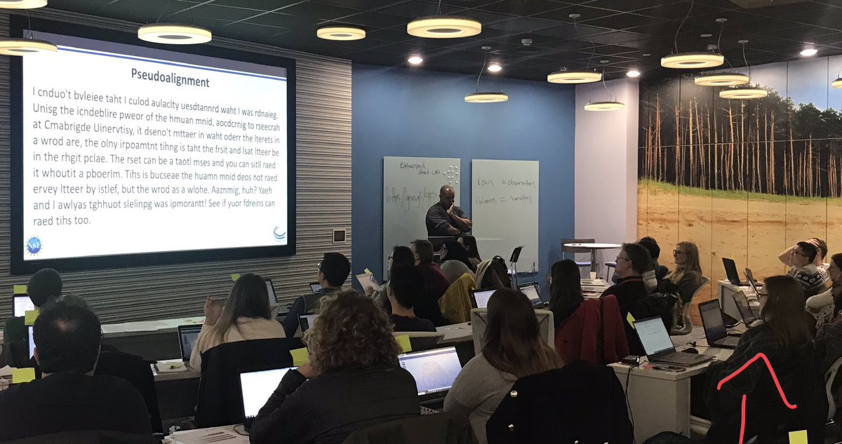 #CyVerseRNAseq <a href="/JasonWilliamsNY/">Jason "boundless delight " Williams</a> challenges <a href="/NatalieMeeson/">Natalie Wellard</a> to read from nonsense verse to explain principle of pseudoalignment. Not a problem!