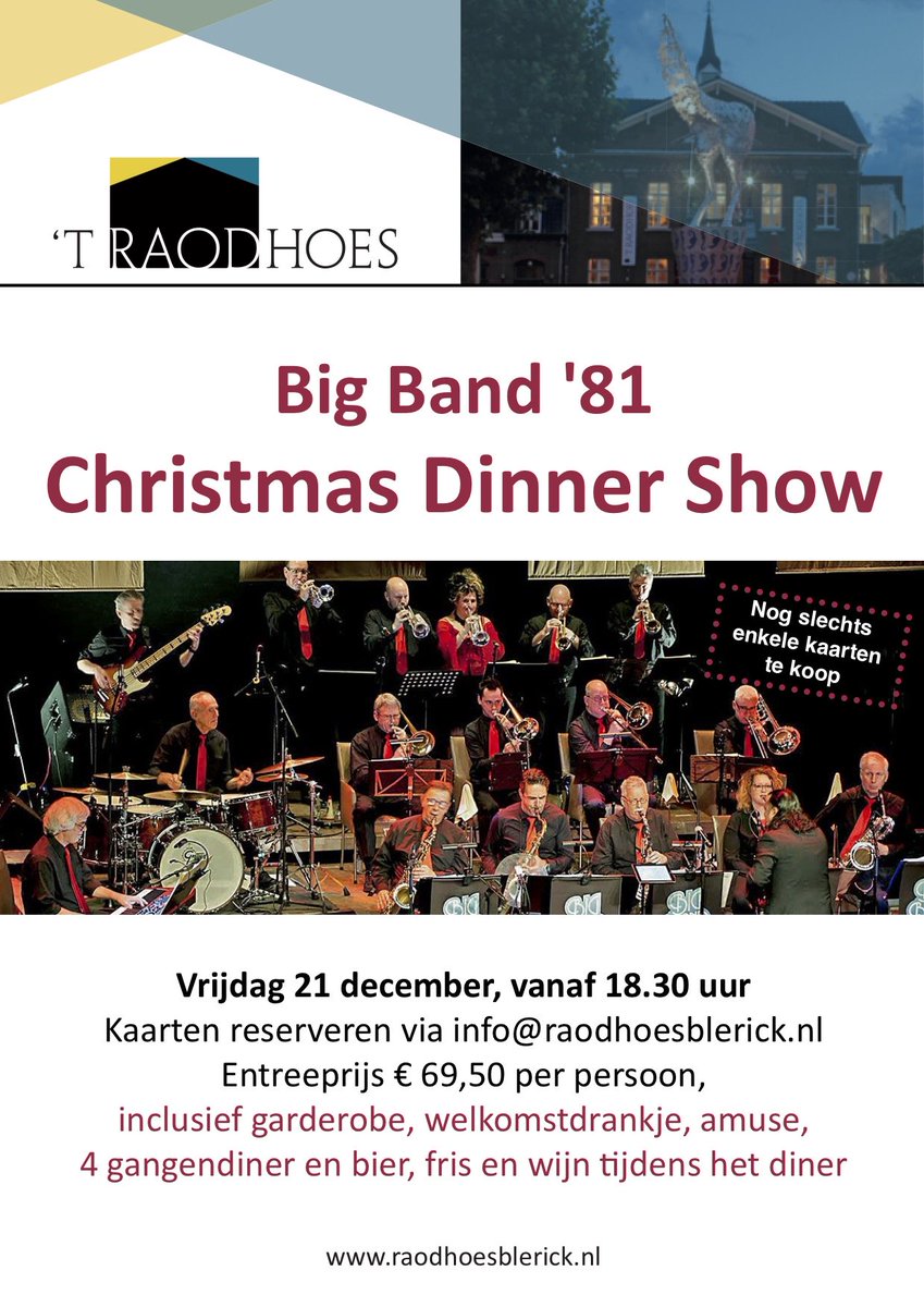 Vrijdag 21 december vindt er een Christmas Dinner Show plaats. Er zijn nog enkele kaarten te koop. Tijdens deze avond wordt een 4-gangendiner met amuse gepresenteerd in combinatie met een spetterende muzikale show van Big Band '81. ow.ly/Sq9C30mv8wK Zaterdag is uitverkocht!