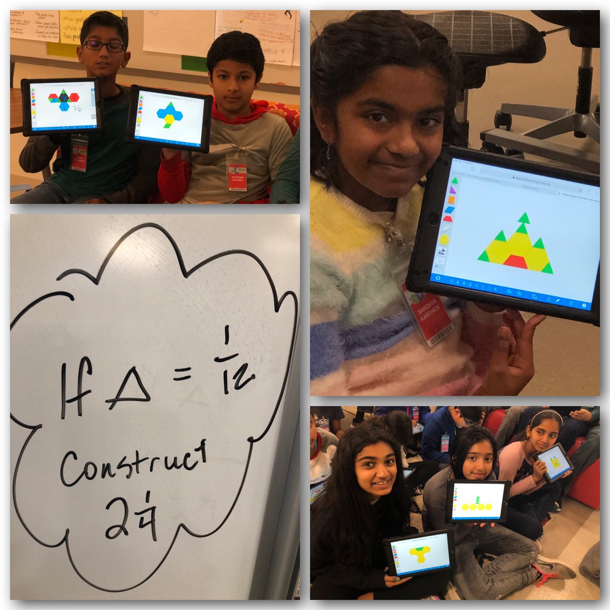 MayV1's tweet image. #FractionTalks @NetZeroLee Construction zone began with what is the value of a triangle? Is the value always 1/6? Great thinking and creativity followed 😊#75019math