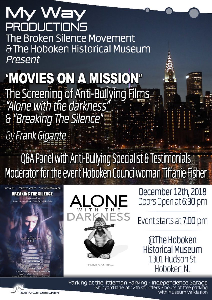 Tiffanie_Fisher's tweet image. Please join me Wednesday night for a powerful anti-bullying presentation at 7pm at the @HobokenMuseum .  There will be four speakers incl. a young boy who thankfully survived a suicide attempt.  This is an important topic for everyone, especially for parents.  Please RT. #hoboken