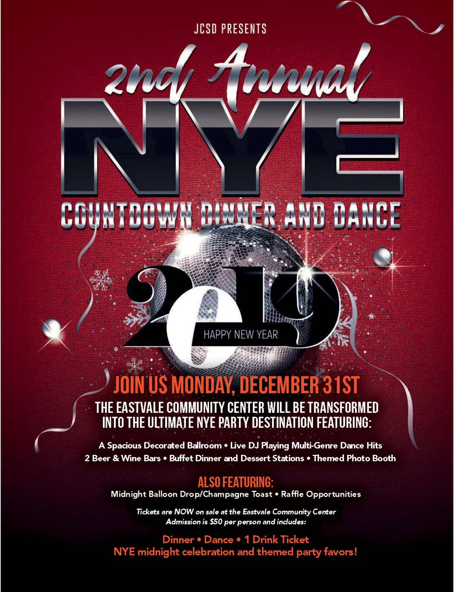 JCSDistrict's tweet photo. Ring in 2019 with JCSD! Back by popular demand, JCSD's Parks and Recreation Dept. presents the 2nd Annual NYE Countdown Dinner and Dance. For more info please visit https://t.co/auesOBZ9U4
#jcsd #eastvale #jcsdparks #NYE2019 https://t.co/Gl6hUtMXbM