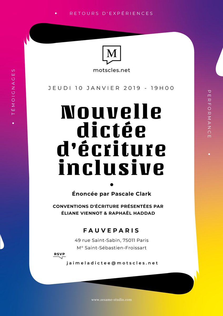 Ecritureinclu's tweet photo. ATTENTION TIME TO WRITE🖊️🖊️🖊️🖊️🖊️

😱😱LA NOUVELLE DICTÉE D'ÉCRITURE INCLUSIVE ARRIVE 😱😱

ET C'EST PASCALE CLARK QUI LA LIT !!!!!💜

RENDEZ-VOUS LE 10 JANVIER.... CHEZ @FauveParis ⭐️

N'OUBLIEZ PAS DE RÉSERVER 

@RaphaelHaddad @Mots_Cles #égalitéFH #jaimeladictée #20sur20 https://t.co/saAzTIHXs0