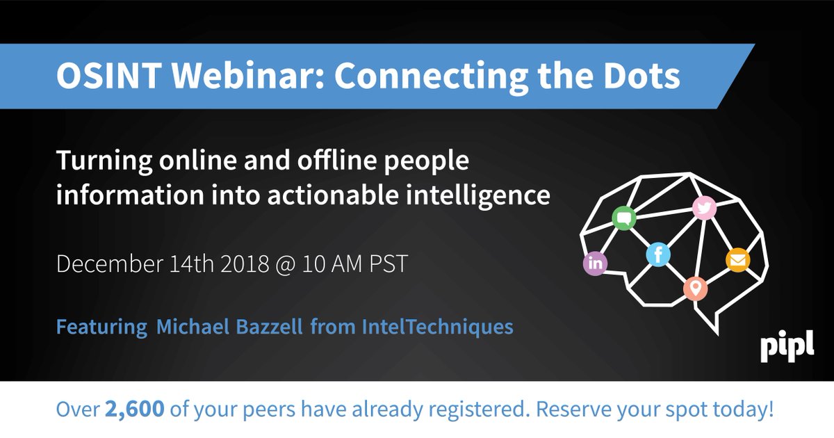 pipl_com's tweet image. Learn how to connect the dots between your target’s online and offline identity and get the 360º view you’ve been searching for. You’re not going to want to miss the upcoming @pipl_com #OSINT webinar, feat. Michael Bazzell from @IntelTechniques #instadata
buff.ly/2TxcqAe