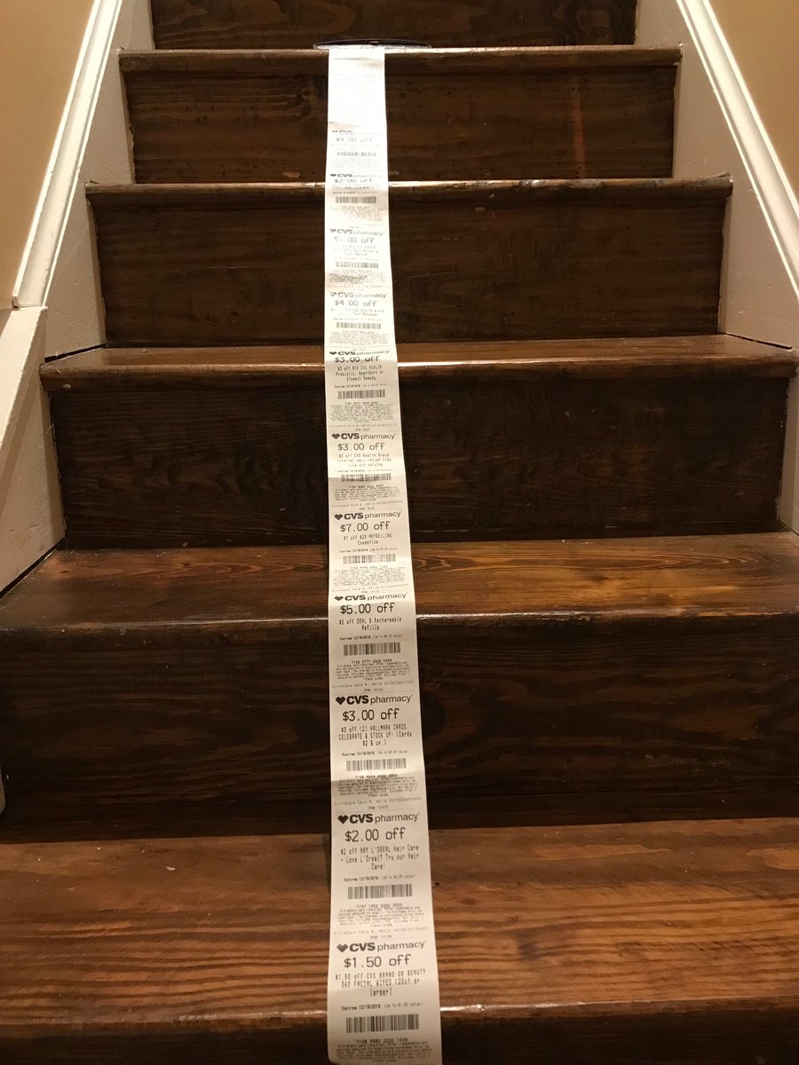 LLontheblock's tweet image. This CVS receipt covers half my stairwell!  And I bought one item!  Not environmentally friendly. @cvspharmacy - you can do better!  Get rid of these ridiculous scrolls...I mean receipts.