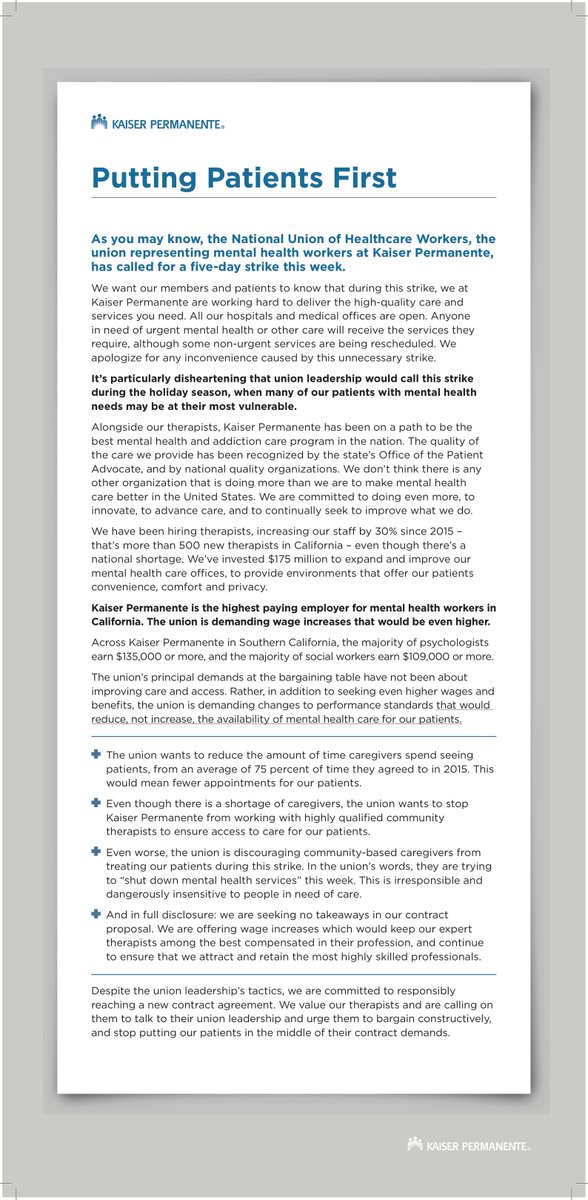 We value our therapists and are calling on them to urge their union leadership to bargain constructively, and stop putting our patients in the middle of their contract demands. This ad, appearing now in newspapers throughout California, explains this unfortunate situation.