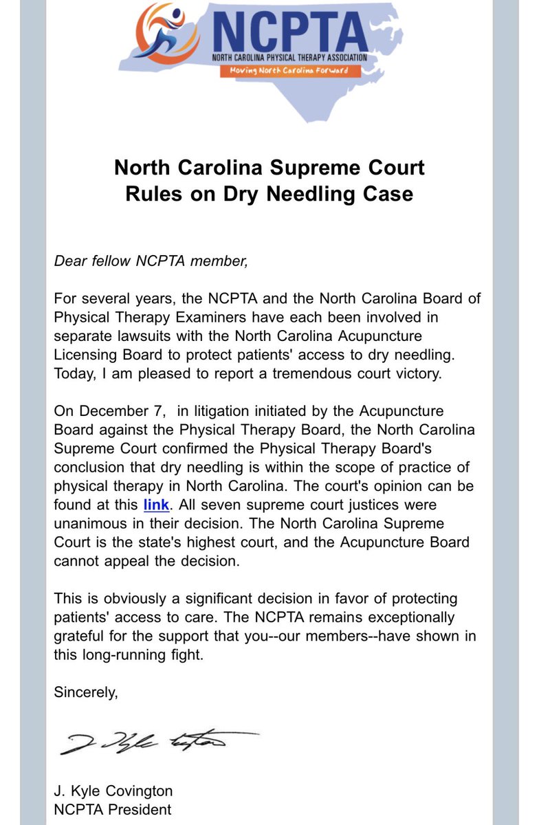 Great day for North Carolina physical therapists. Unanimous decision by the NC Supreme Court confirming #dryneedling is within the scope of PT practice. #GetPT1st #physicaltherapy #AAMTFellowship