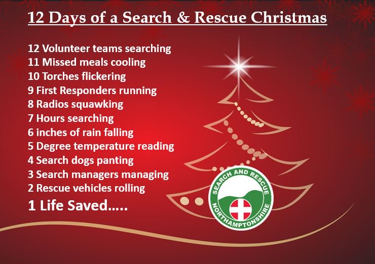 Northants_SAR's tweet photo. The 12 Days of a Search &amp; Rescue Christmas.

Can you spare just £12, or any amount, to help you Local SAR Team

Please like and Share if you agree our volunteers do an amazing job, often leaving family and friends over the holidays to help those in need.

https://t.co/A3saIGJyiD https://t.co/qxJCCrnxku