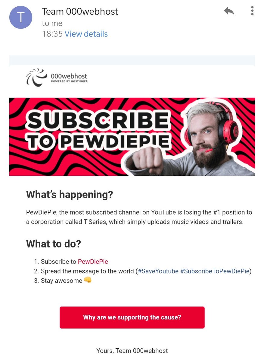arwinneil's tweet image. Recieved this in my mailbox. #000webhost / @HostingerCOM are doing their part! Proud to be a customer.

Subscribe to @pewdiepie!

 #doingmypart #pewdiepievstseries