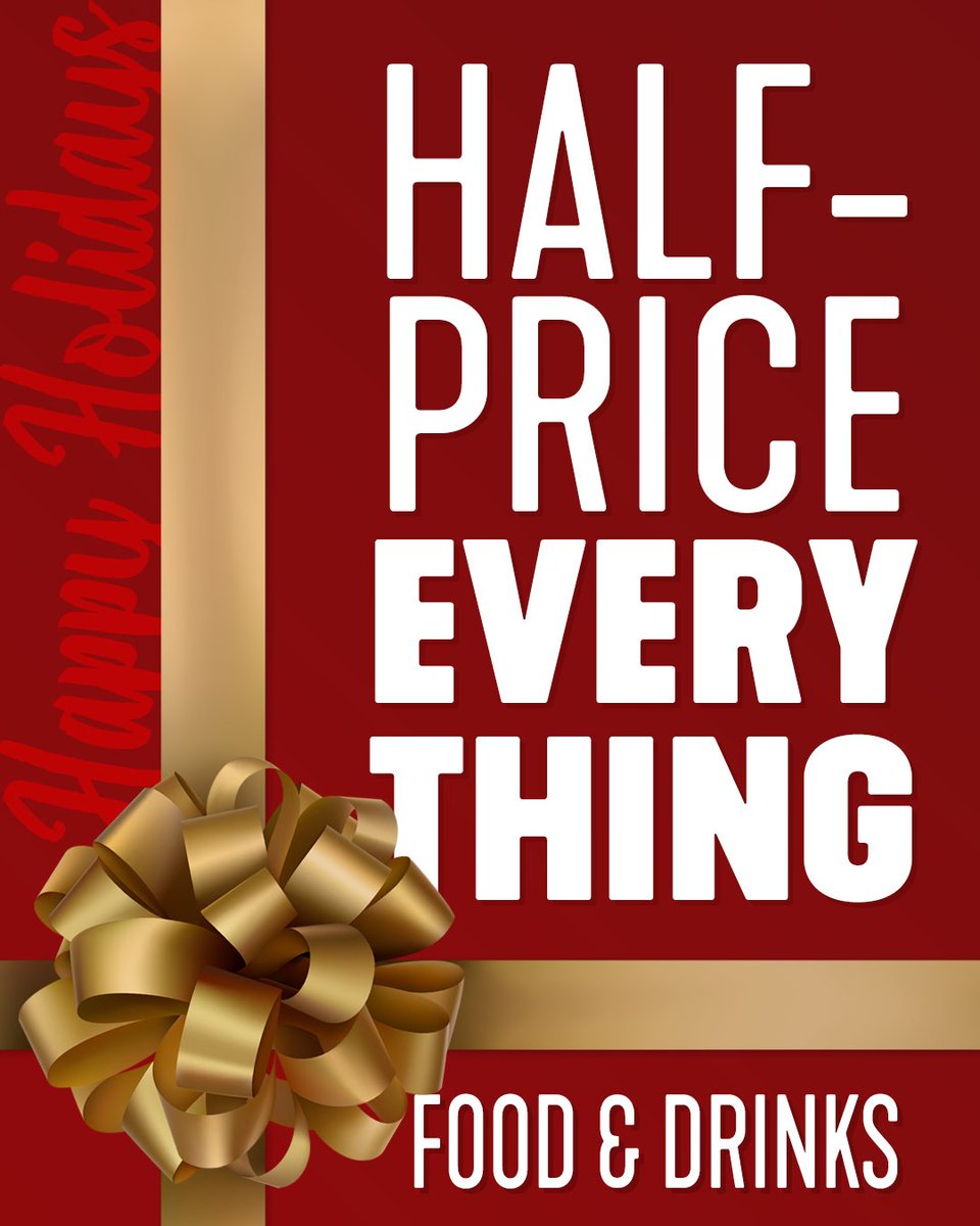Hip Hip Hooray! Half Price Food and Drinks on Christmas Day!  We're open at 6 PM today with a holiday gift to all our amazing customers! 
#gift #halfoffeverything #christmasday