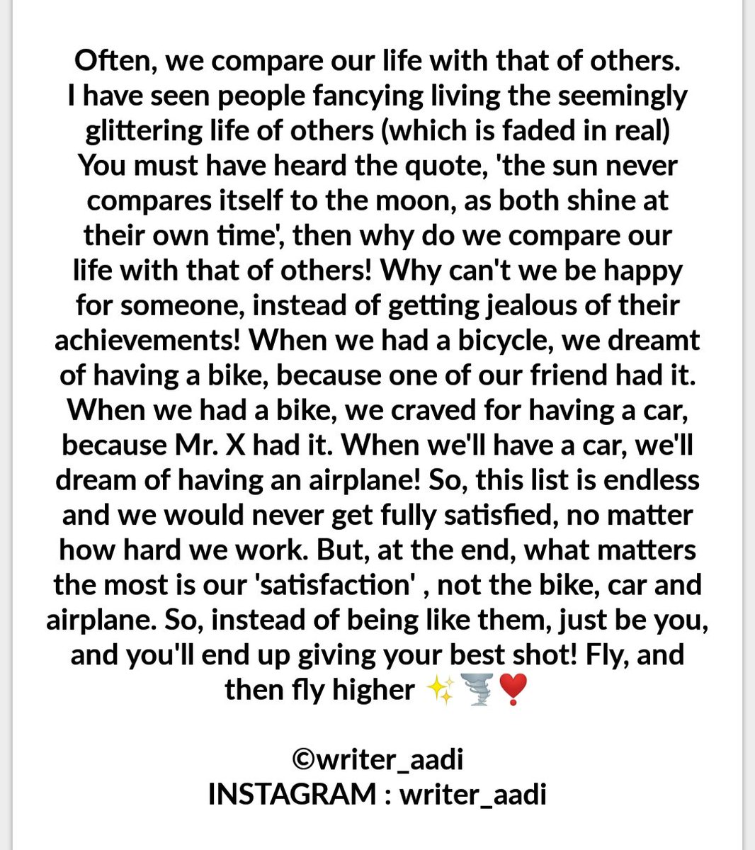 Follow <a href="/writer_aadi/">Writer Aadi</a> on Instagram for more! My only aim of writing is to inspire as many people as I can and to spread positivity all around the world through my writeups! Fly and then fly higher
Love, aadi
 #Write4Rights #writing #inspired #like4like #Motivation #art #Results2018