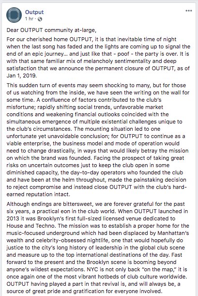 jacqui_kiss's tweet photo. Full statement on @OutputClubBK's decision to close on January 1, 2019. 

https://t.co/89iV2ncZz9 https://t.co/Vyz20QSS2e