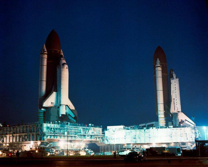 STS-35 Columbia, OV-102, passes STS-38 Atlantis, OV-104, heading to Pad 39A