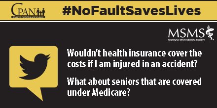 MichStateMedSoc's tweet photo. Q2: Wouldn’t health insurance cover the costs if I am injured in an accident? What about seniors that are covered under Medicare? #NoFaultSavesLives #MSMSHealthChat, #AutoNoFault, #Michigan https://t.co/2pZq7UQxyE