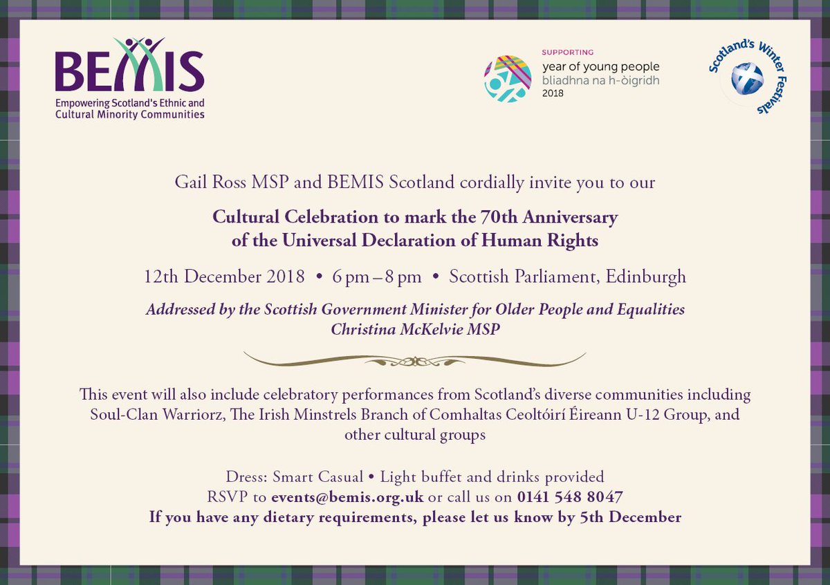 bemis_scotland's tweet photo. 12/12 BEMIS host Parliamentary reception with @GailRossSNP @ChristinaSNP @FairSaturday @strochstrad @DanceIhayami + SoulClan Warriorz. Our wee bit to celebrate #UDHR70 via the prism of cultural rights. We continue to be inspired by Scotlands human rights journey. #rightstakeover https://t.co/zFYJJmMaae