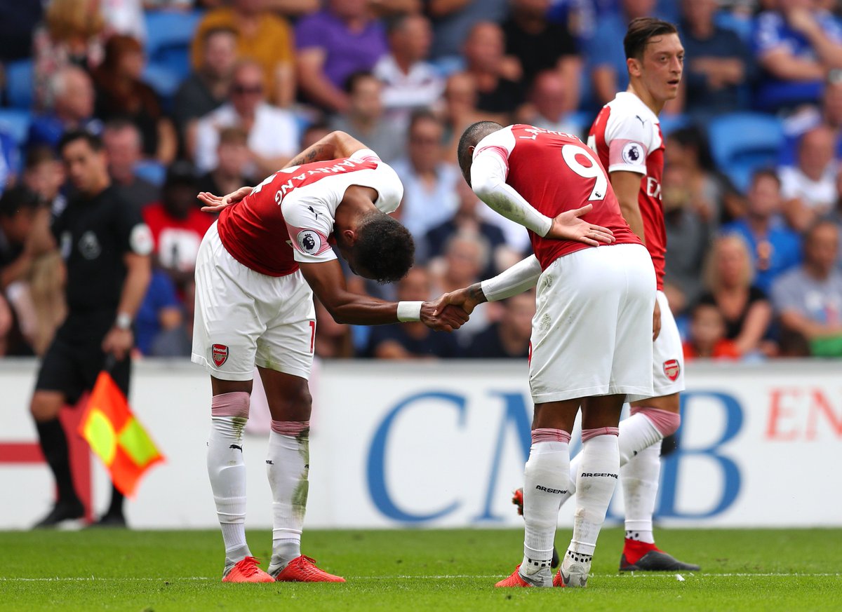Arsenal's tweet photo. 🔥🔥🔥 

@aubameyang7 🤜🤛 @LacazetteAlex https://t.co/ohCiznX9B0