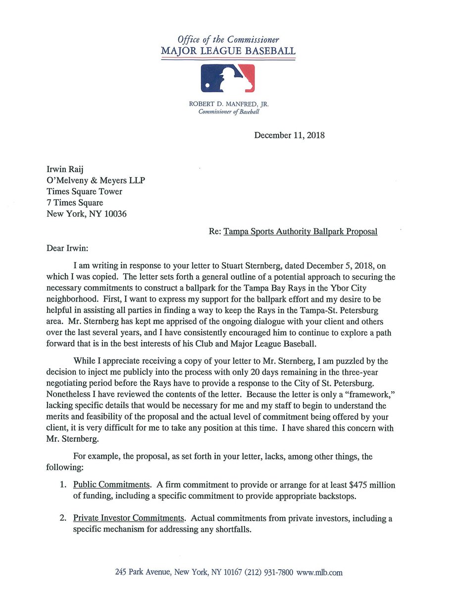 AEricFisher's tweet image. Situation getting more tense between MLB and Tampa Sports Authority regarding proposed Rays ballpark in Ybor City. Commish sends letter today saying many critical details in proposal still missing.