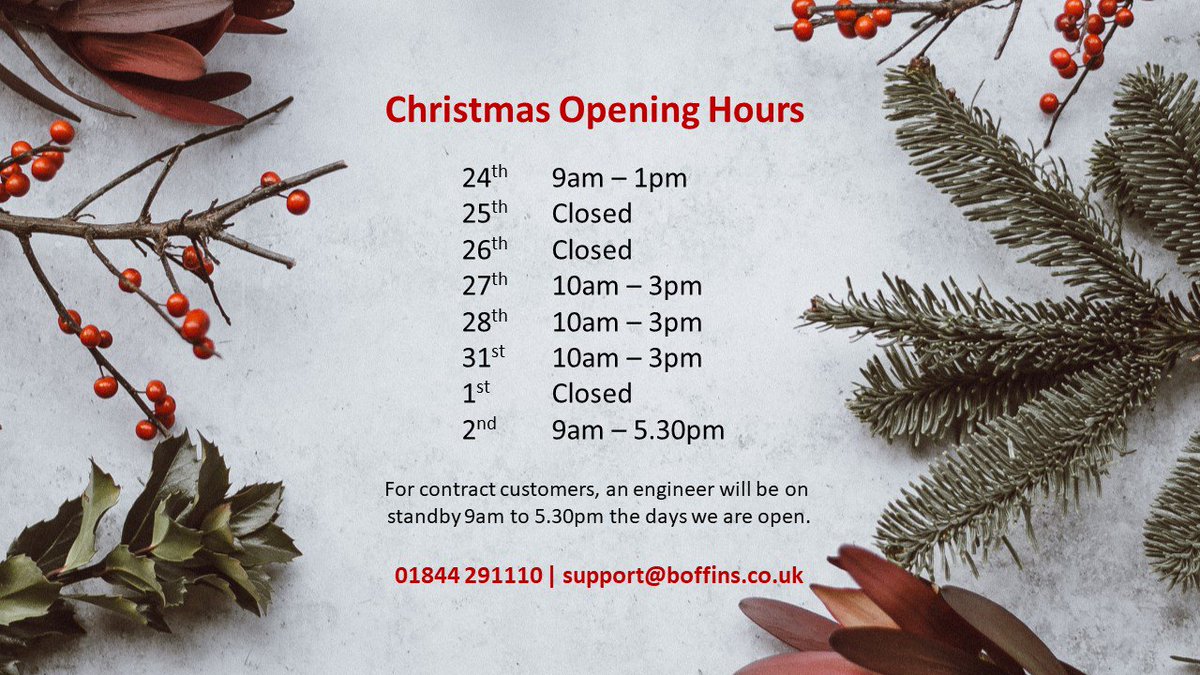 BoffinsCW's tweet photo. Christmas Opening Hours 2018 https://t.co/vVb2CCjspo https://t.co/QVjtkYnZWy