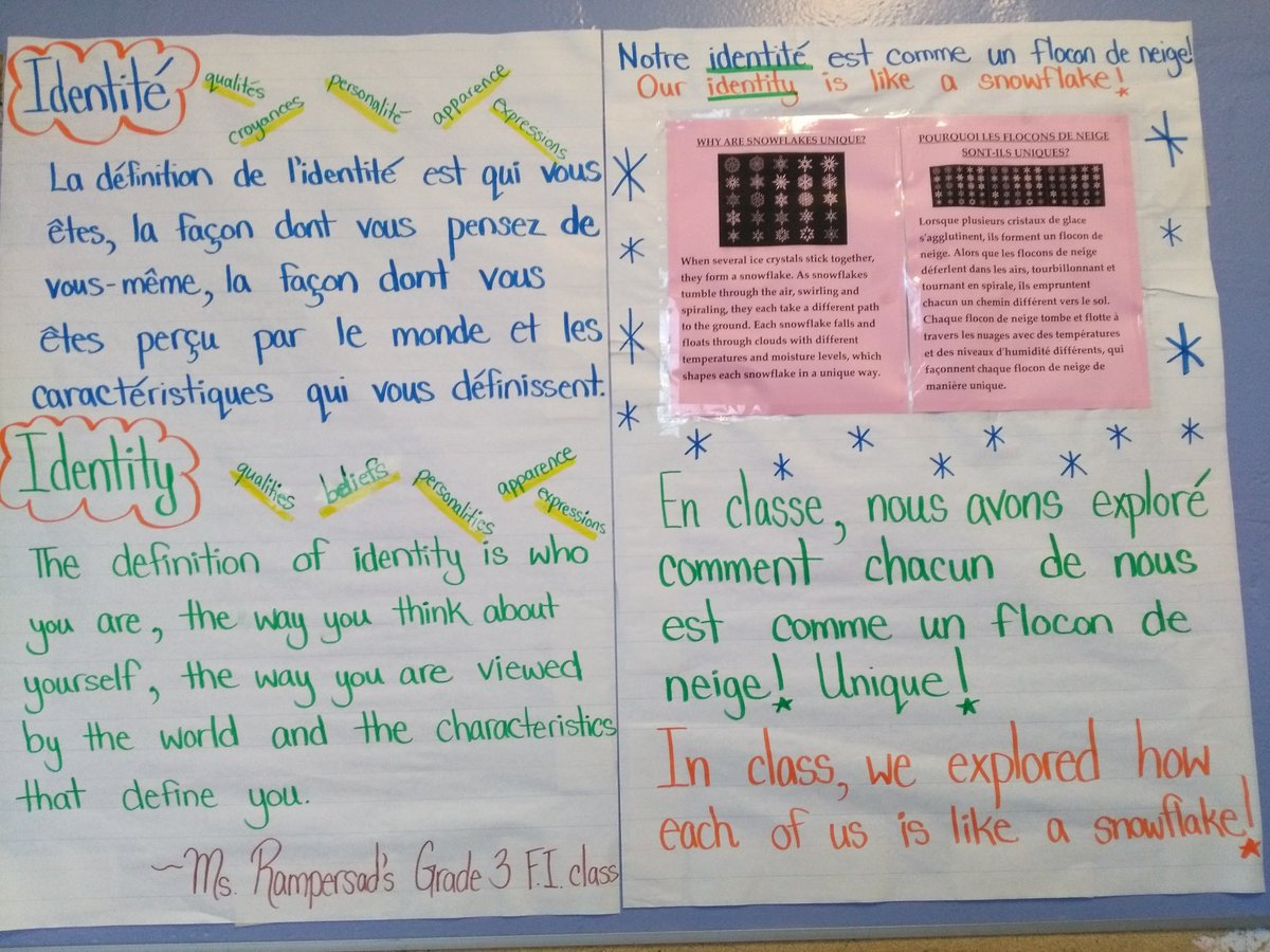 🌟 This week in Grade 3 French Immersion we explored aspects of our Identity. We compared ourselves to snowflakes that are shaped by circumstances.  We shared parts of our culture, beliefs, appearance, how we see ourselves &amp; how others view us.<a href="/jeewanc/">jeewan c</a>  <a href="/LC3_TDSB/">TDSB LC3</a> #InclusiveDesign