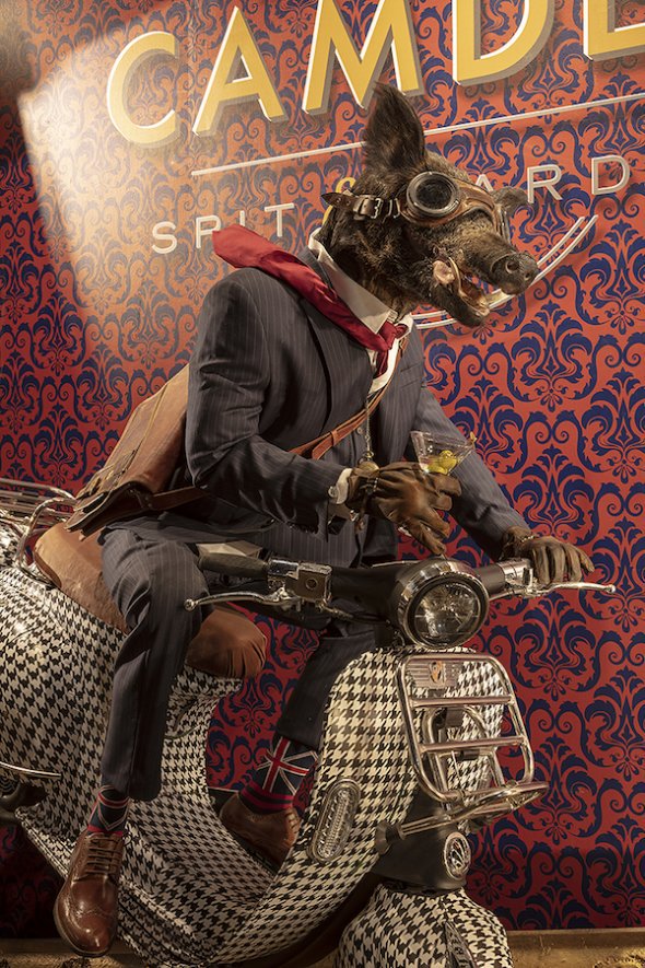 Pigs are not supposed to fly, but don’t tell that to Winston—Camden Spit &amp; Larder’s new scooter-riding, martini-wielding boar who serves as the dapperly dressed mascot for the restaurant's weekday happy hour. Details here —> bit.ly/2Ei9W4u