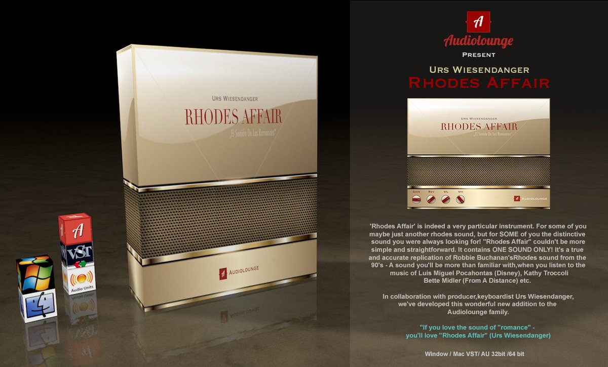 Audiolounge Urs Wiesendanger "Rhodes Affair" AU /VST Plug-in for OSX and Windows 32/64 Bit 
Demos: audiolounge-pro.com/rhodes-affair/