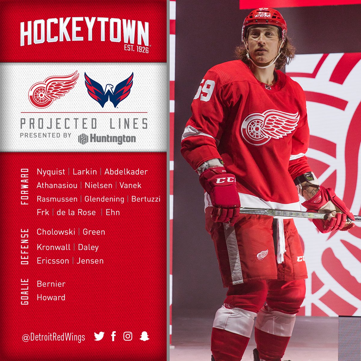 DetroitRedWings's tweet photo. Tonight's projected lineup as the #RedWings take on the Caps in DC. #DETvsWSH #LGRW 

📺 NBCSN
📻 @971theticketxyt 
🏒 7:30 PM https://t.co/d48sw4Hd92