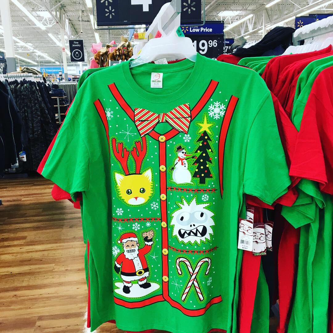 FiddlerBeckyB's tweet photo. More fetching #Christmas wear from our local Walmart. #uglychristmassweater #llamas #cats #santas #snowbeasts 🎄 https://t.co/QrkBZiBsfh