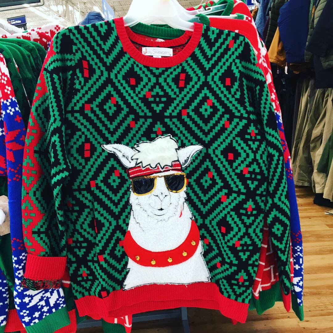 FiddlerBeckyB's tweet photo. More fetching #Christmas wear from our local Walmart. #uglychristmassweater #llamas #cats #santas #snowbeasts 🎄 https://t.co/QrkBZiBsfh
