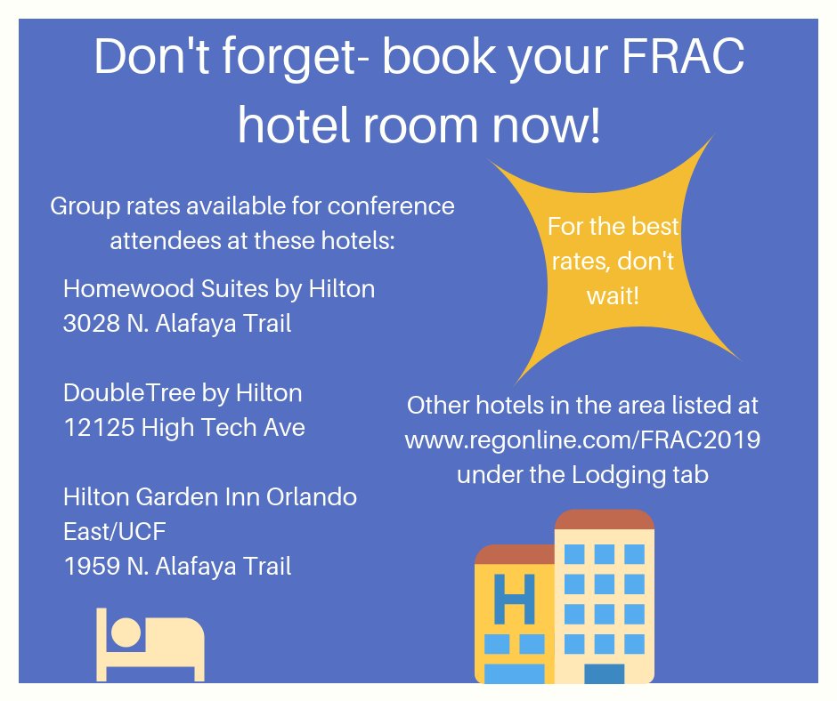 fracucf's tweet photo. Don't forget to book your hotel FRACers!
Rates will go up within the next month!
https://t.co/wYGcRVoKBs

#FRAC #Researchadmin #researchadministration #research #Orlandoconference #conference #FRAC2019 #researchadminconference https://t.co/8NTt0ogJUk
