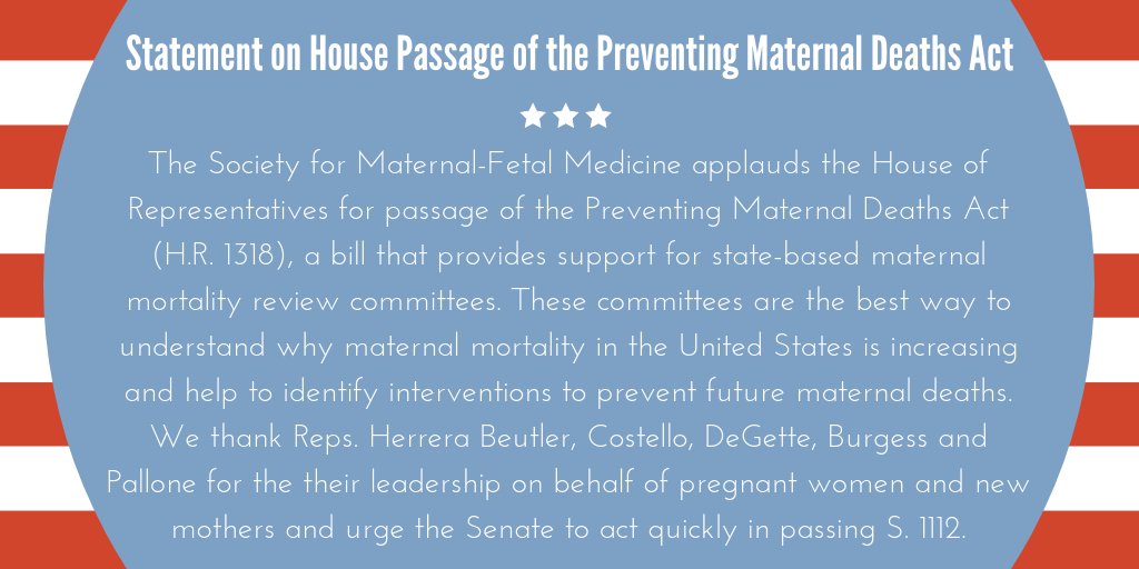 MySMFM's tweet photo. The U.S. House of Representatives passed the Preventing Maternal Deaths Act (#HR1318)! Many thanks to @HerreraBeutler @RyanCostello
@RepDianaDeGette @michaelcburgess and @FrankPallone for their leadership on behalf of pregnant women & new moms. #Act2SaveMoms https://t.co/Eq292H6Xrm