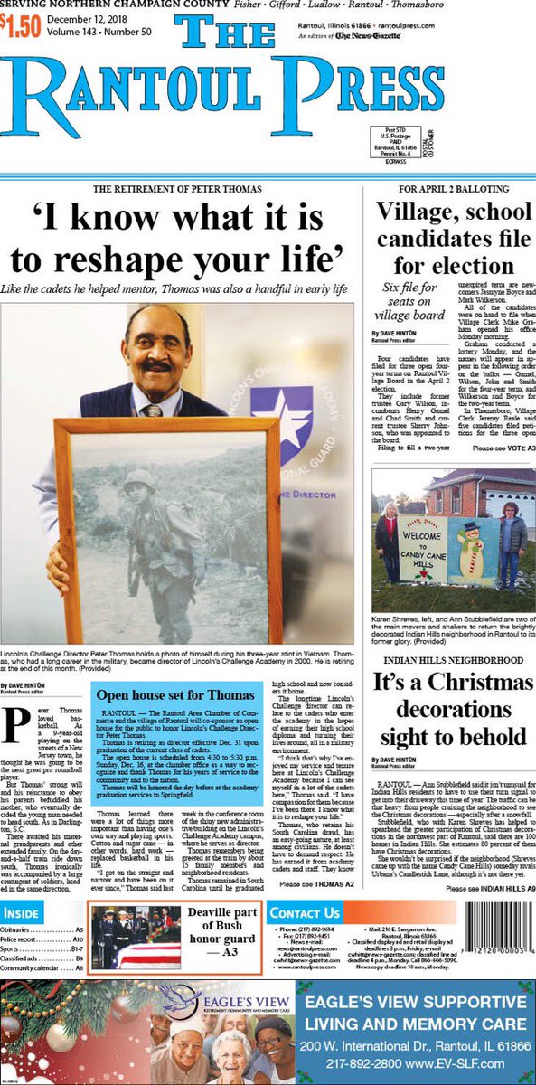 This week’s packed Press ft. the retirement of Peter Thomas, Lincoln’s Challenge Academy director since 2000 + Rantoul village board ballots + RTHS alum Chris Deaville, who guarded the casket of President George H.W. Bush