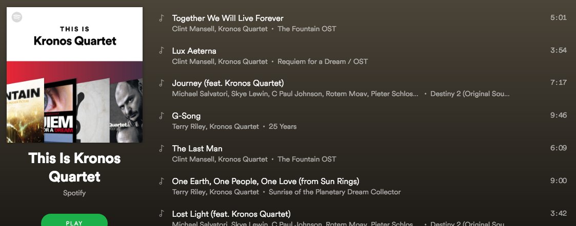 The problem with algorithms and incomplete metadata: The first song on <a href="/Spotify/">Spotify</a>'s "This Is Kronos Quartet" playlist is NOT Kronos Quartet. The composition by Clint Mansell is performed by pianist Randy Kerber.
