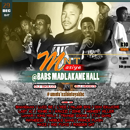 ShandeeQuan's tweet photo. Date    : 29 December 2018
Venue : Babs MAdlakane Hall
Tim e   : 17:00 - 22:00
Tickets : R10 (entry fee) https://t.co/DiBWAYuoMg
