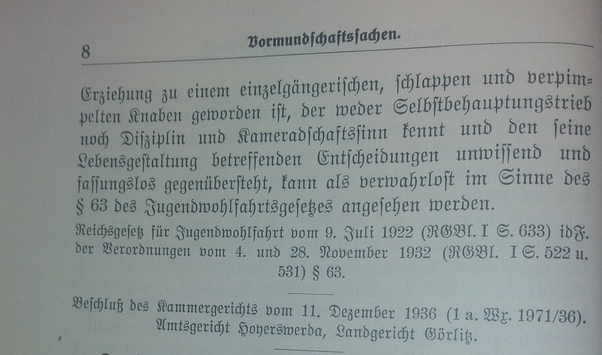 #OTD 11.12.1936 #Kammergericht überweist 15j. Jungen der Fürsorgeerziehung, der nicht "im Geiste des Nationalsozialismus", sondern durch Mutter zu "einem einzelgängerischen, schlappen und verpimpelten Knaben" erzogen worden sei. Kanonenfutter für Führer und Vaterland...