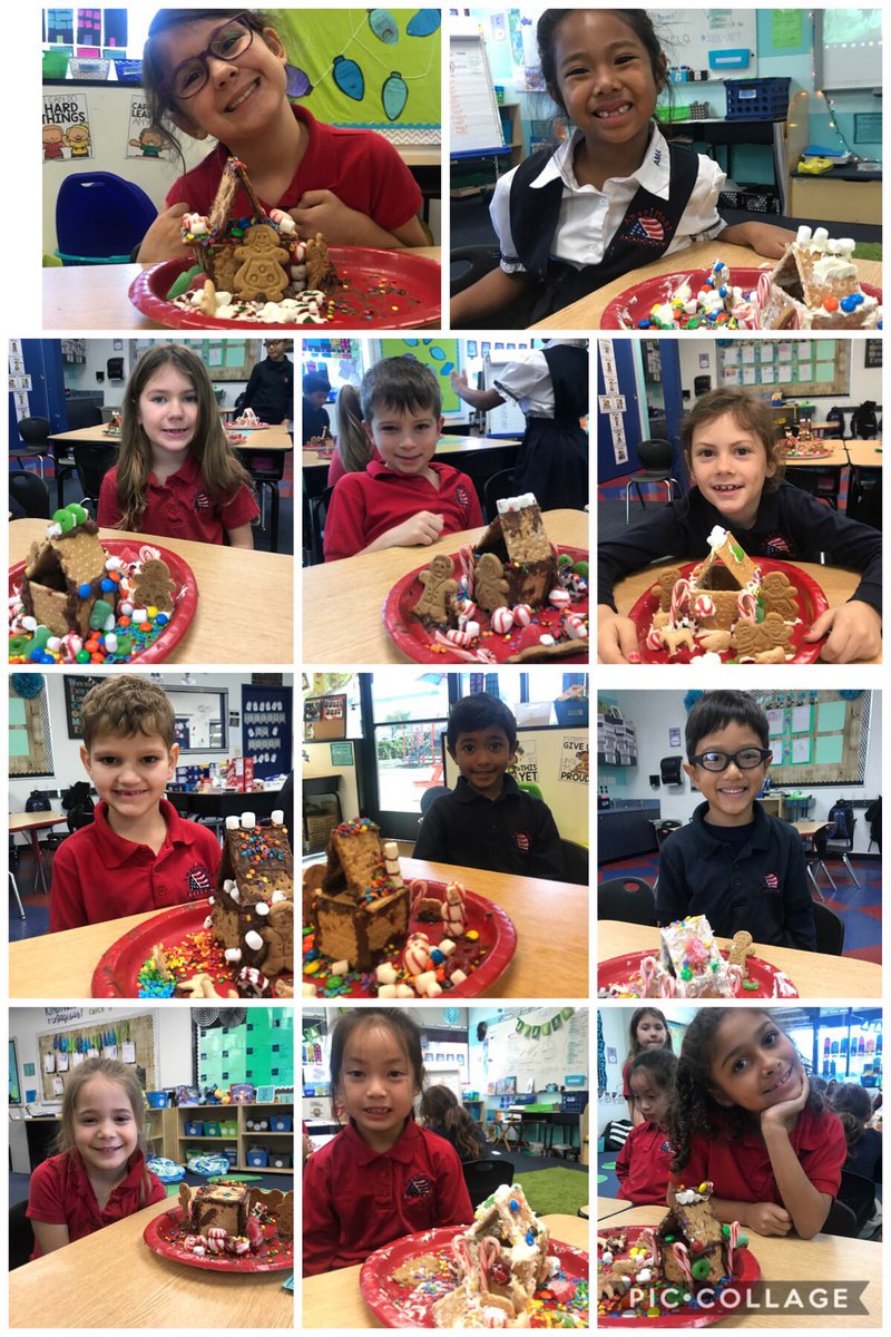 AMAElementary's tweet photo. #Firstgrade students built gingerbread houses this morning! Our ELA unit is on creativity, and they all showed great creativity and innovation when building their houses! Theyβre all unique, just like each of our students! π¬ #creativity #handsonlearning #privateelementary https://t.co/tteEccDlHk