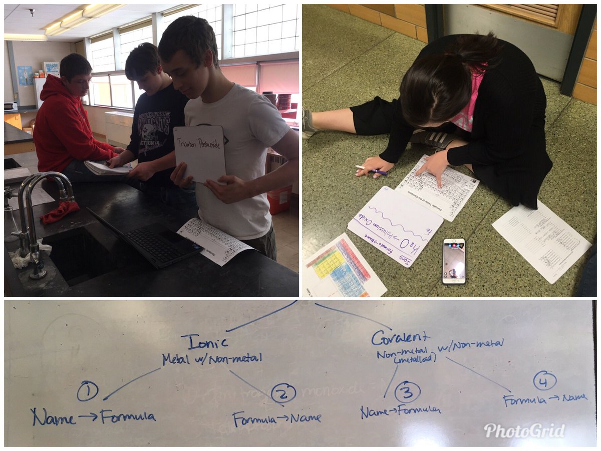 Impromptu lesson today! My chemistry students were reviewing naming compounds. They split into 4 groups and made a video on FlipGrid to explain the process of how to name/write formulas for ionic and covalent compounds. #studentsteaching #goodhueachool