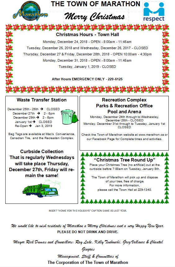 Attached is the Holiday Schedule for Town of Marathon Facilities!