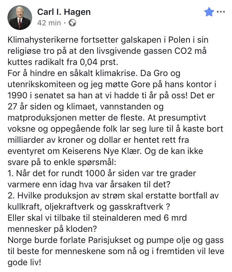 FilterNyheter's tweet image. Carl I. Hagen (Frp) hevder på Facebook i kveld at «klimahysterikerne» ikke klarer å svare på «to enkle spørsmål»:

Vi utfordret en av Norges fremste klimaforskere, @bjornhs, som svarte i løpet av fem minutter: