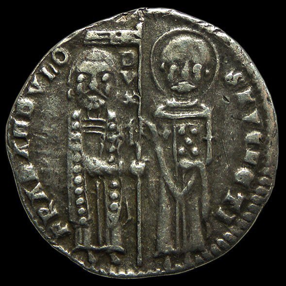 archaeologyart's tweet photo. Republic of #Venice, doge Francesco #Dandolo (1329-1339), AR, (g 2,14, mm 19,9), S. Marcus and doge, Rv. Christ seated. https://t.co/y8TYvIBVvE