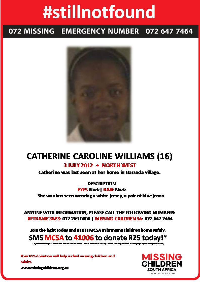 072MISSING's tweet photo. #MCSA
#stillnotfound
#CatherineWilliams
#July2012

Please #repost and #share wherever you can, and join the fight to #bringchildrenhomesafely - thank you.

We must #nevergiveup trying to find our #missingchildren!

#JoinTheFight by simply texting MCSA to 41006, to donate R25.00 https://t.co/VsdzmlWkIO