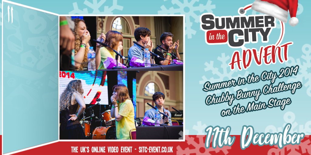 sitc's tweet photo. For today's #SITCAdvent have a throwback to #SITC2014 when @jamiesmouth convinced @CarrieHFletcher @emmablackery @qdqm_ and @TomRPI to do a Chubby Bunny Challenge live on stage.  Would you like to see any challenges return for a future SitC? 🤔 https://t.co/x41OD67atx