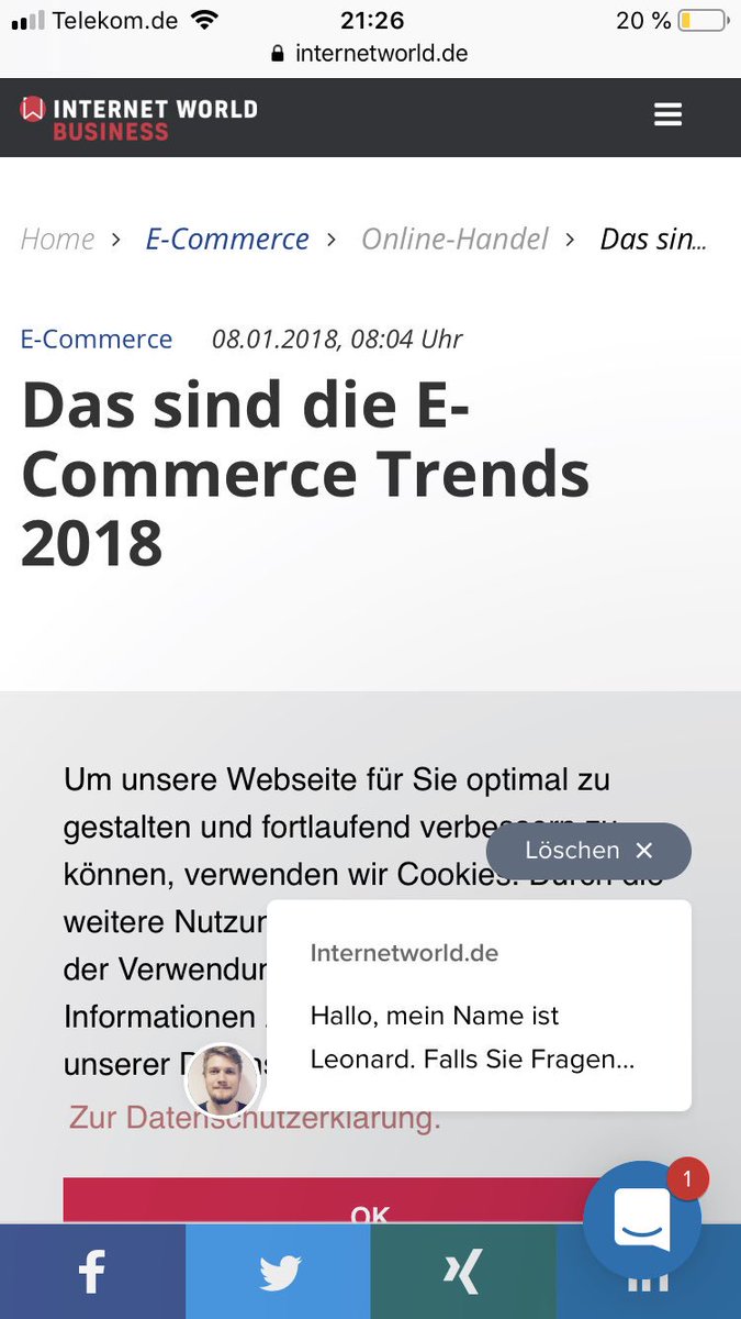 pbusse's tweet photo. Der E-Commerce Trend 2018: Overlays. Live-Chat vor Social-Sharing vor DSGVO-Overlay. #UX #fail @internet_world https://t.co/82VYMQokZl
