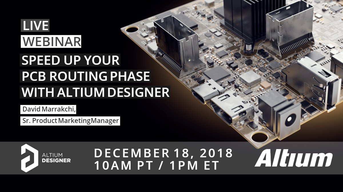altium's tweet photo. WEBINAR ALERT: Speed up Your PCB Routing Phase with Altium Designer on Dec 18, join this free live webinar to explore some of the most useful shortcuts and some of the new upcoming features in #AltiumDesigner19 Sign up here: https://t.co/UGbeU56gLf #routing #pcbdesign https://t.co/3piRRISwWH