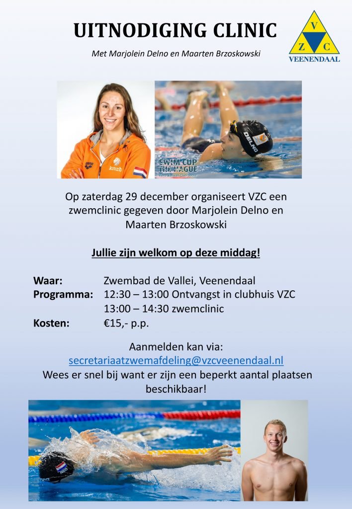Heb jij je al opgegeven voor de zwemclinici op 29 december van <a href="/vzczwemmen/">VZC Zwemmen</a> ism <a href="/MarjoleinDelno/">Marjolein Delno</a> en @Maarten__B . Doe het snel want het aantal plaatsen is beperkt!
