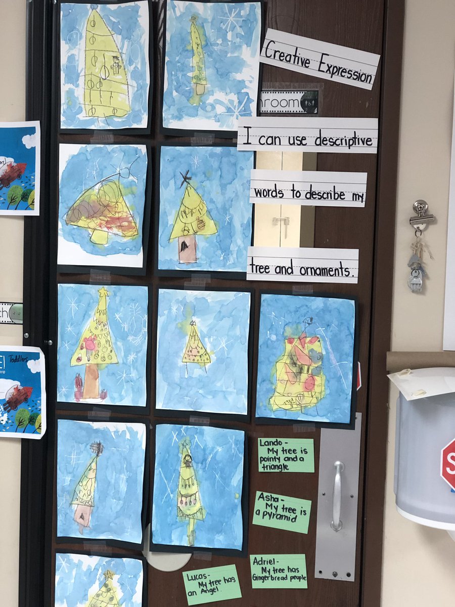 Cass_Francois's tweet photo. Teacher directed art. Using descriptive words to explain what our tree looks like at home. Using shapes, colors, height to paint the picture. After sharing I invited the kiddos to draw. The art of 4 year olds! #vpk #vpkteacher #prek #prekteacher #teacherlife #transitionalk https://t.co/LoX5FQsn5Q